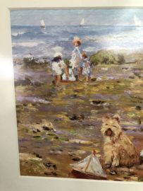 Schilderij olieverf op paneel door Arend Hendriks (31/10/1901-28/10/1951) kinderen en hond aan het strand 26x19 cm/46x37 cm