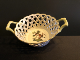 Herend porselein: opengewerkt mandje met hengsels 7412/RO decor Rothschild 18 cm breed en 7 cm hoog