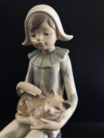 NAO Lladro porselein:  Harlekijn met poes op schoot 23 cm hoog