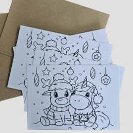 kerstkaart unicorn om in te kleuren, per 4 stuks