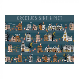 Ansicht kaart Sinterklaas - straat - groetjes van Sint & Piet / huisjes