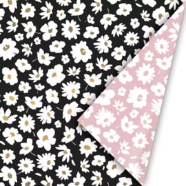 Inpakpapier kadopapier - bloemetjes fleur zwart roze| 30cmx2m