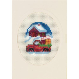 Permin 17-8234 Borduurpakket kerstkaart Rode vrachtwagen 9x13 cm