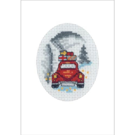 Permin 17-9288 Borduurpakket kerstkaart Rode auto 9x13 cm