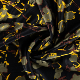 Rayon Spun Satin Print - Flowers khaki  (1 meter)