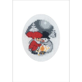 Permin 17-9284 Borduurpakket kerstkaart Sneeuwpop & Elf 9x13 cm