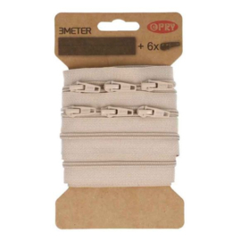 849 Spiraal rits aan de meter (3 meter) incl. 6 schuivers - Beige