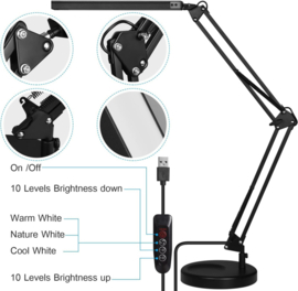 3 - LED Werklamp met voet & tafelklem (Zwart)