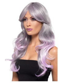 Pruik fashion grijs en pastel pink | lange wavy wig
