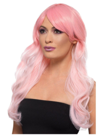 Pruik fashion pink roze | lange wavy wig