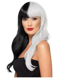 Pruik fashion zwart en wit | lange half-half wig
