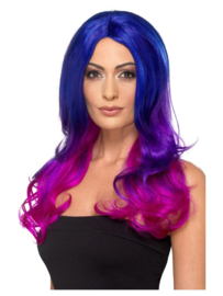 Pruik fashion blauw en pink | lange wavy wig