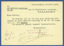 Nederlands indië 1937. Postwaardestuk Geuzendam G60. 2-talige tekst. PASOEROEAN - SOERABAJA. SCHAARS.