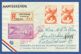 Raketpost 1945. Aangetekend AMSTERDAM SCHELDESTRAAT . NEDERLANDSCHE RUIMTEVAART STUDIO.