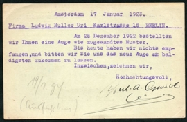 Firma briefkaart AMSTERDAM 1923 met langebalkstempel AMSTERDAM naar Berlijn, Duitsland.