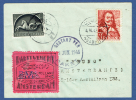 Raketpost 1945. 4 juni 1945. OUDEKERK A/D AMSTEL. Vignet de Bruin. BRUNO.