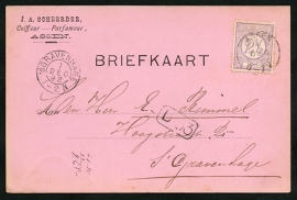 Firma briefkaart ASSEN 1892 met kleinrondstempel ASSEN naar 's GRAVENHAGE.
