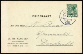 Firma briefkaart RHENEN 1928 met kortbalkstempel RHENEN naar Dordrecht.
