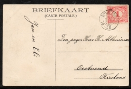 Briefkaart met kleinrondstempel SPIJK (GRON:) naar Oosterend. Op ansichtkaart Spijk.