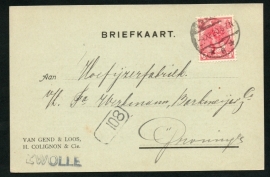 Firma briefkaart ZWOLLE 1920 met langebalkstempel ZWOLLE naar Groningen.