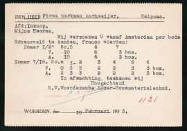 Firma briefkaart WOERDEN 1933 met kortebalkstempel WOERDEN naar Helpman.