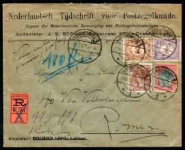 Firma cover 's GRAVENHAGE 1906 met langebalkstempel `s GRAVENHAGE naar Rome. Aangetekend en met lak verzegeld.