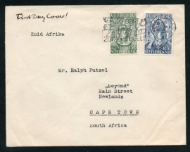 Cover met Willibrordus zegels 1939 van `s GRAVENHAGE naar Zuid-Afrika. Eerste dag afstempeling.