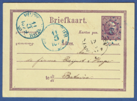 G - Briefkaart 1879 met VELDPOSTK.  ATJEH. Puntstempel 66 naar Batavia.
