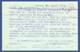 Firma briefkaart MEERSSEN 1917 met langebalkstempel MEERSSEN naar Duitsland.