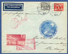 Raketpost 1935. 231 MAART 1935. KATWIJK AAN ZEE. Etiket PER VUURPIJLVLIEGTUIG.  Karl Roberti.