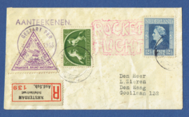 Raketpost / Rocket Flight. Gestart per 20 augustus 1945. Aangetekend AMSTERDAM SCHELDESTRAAT.