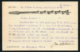 Firma briefkaart GRONINGEN 1914 met langebalkstempel GRONINGEN naar Helpman.