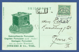 Firma briefkaart TIEL 1914 met langebalkstempel TIEL naar Joure. Geïllustreerd.