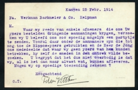 Firma briefkaart KAMPEN 1914 met langebalkstempel KAMPEN naar HELPMAN.