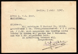 Firma briefkaart ZWOLLE 1947 met kortebalkstempel ZWOLLE STATION naar Amsterdam.