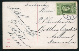 Briefkaart met jubileum 1913 en langebalkstempel GOUDA naar Denemarken. Eerste dag afstempeling.
