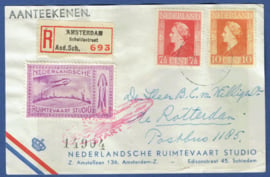 Raketpost 1945. Aangetekend Amsterdam Scheldestraat. Nederlandsche Ruimtevaart Studio.