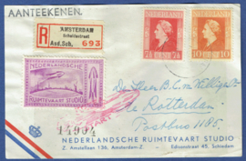 Raketpost 1945. Aangetekend Amsterdam Scheldestraat. Nederlandsche Ruimtevaart Studio.
