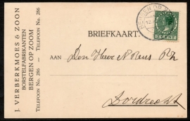 Firma briefkaart BERGEN OP ZOOM 1928 met kortebalkstempel BERGEN OP ZOOM naar Dordrecht.