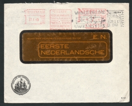 Firma cover 's GRAVENHAGE 1943 (venster cover) met roodfrankering en vlagstempel SCHEVENINGEN.