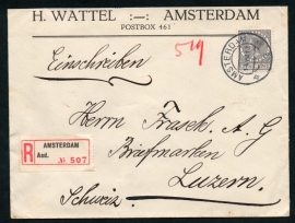 Firma cover AMSTERDAM 1933 met kortebalkstempel AMSTERDAM naar Zwitserland. Aangetekend.