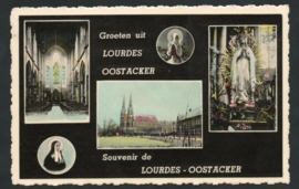 Briefkaart met internationale combinatie. Nederlands zegel, Belgisch zegel. Afgestempeld in `s GRAVENHAGE. Op ansichtkaart Lourdes Oostacker.