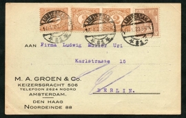Firma briefkaart AMSTERDAM 1923 met langebalkstempel AMSTERDAM naar Berlijn, Duitsland.