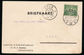 Firma briefkaart GRONINGEN 1913 met langebalkstempel GRONINGEN naar ARUM.