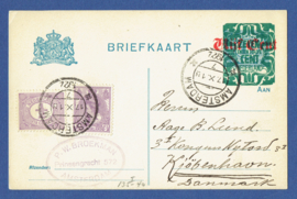 G-Briefkaart (2 overdrukken) met bijfrankering met kortebalkstempel AMSTERDAM naar Denemarken.
