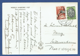 JAMBOREE 1937. ANSICHTKAART ZEE-VERKENNERS EN JABOREE ZEGELS MET SPECIAALSTEMPEL.