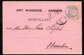 Firma briefkaart ARNHEM 1893 met kleinrondstempel ARNHEM naar HAARLEM.