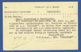 Firma briefkaart UTRECHT 1928 met kortebalkstempel UTRECHT-STATION naar SOERABAJA.