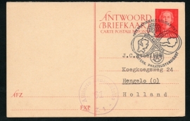 G - Briefkaart antwoord betaald met censuur en speciaal stempel watersnoodramp: INTERNATIONALE SOLIDARITAT, HOLLANDHILFE 27.2.53.