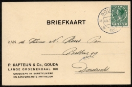 Firma briefkaart GOUDA 1930 met kortebalkstempel GOUDA naar Dordrecht.